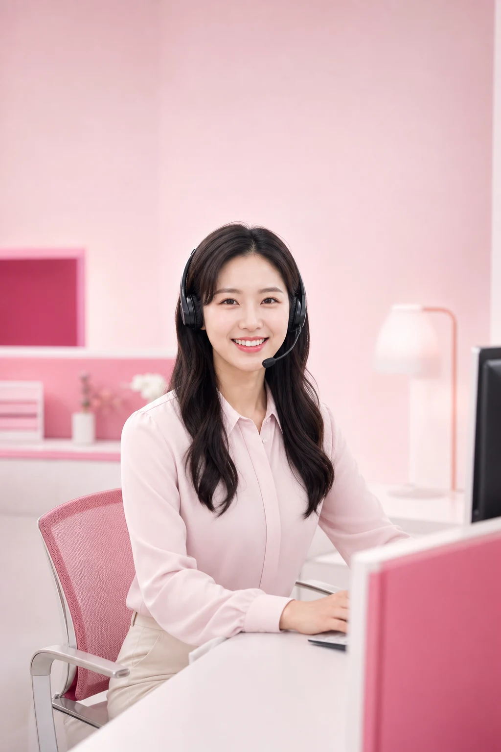 카드현금화 후기 다음머니 24시간 전화 문자 상담을 안내하는 헤드셋 여성 상담원 인물